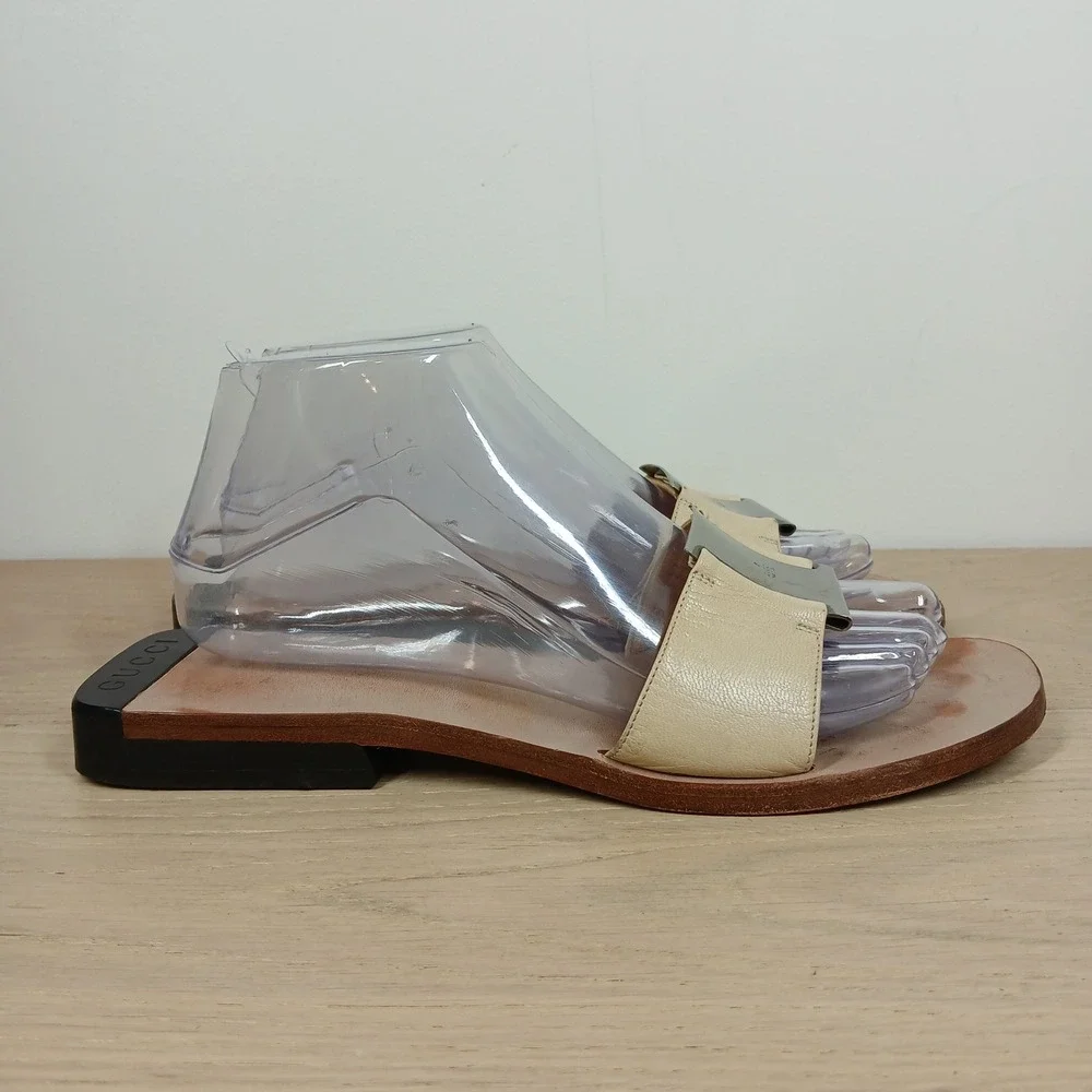 Gucci Sandals Womens 8 Ivory Leather Slide Wooden Flat Horsebit Italy - Picture 6 of 10